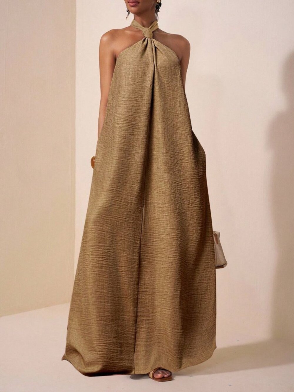 Brown Casual Women's Halter Knot Neck Open Back Maxi Dress With Pockets
